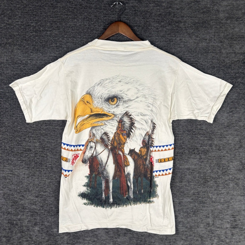 Vintage 90s Native American Eagle Graphic T-Shirt White Size M Nature AOP Wrap